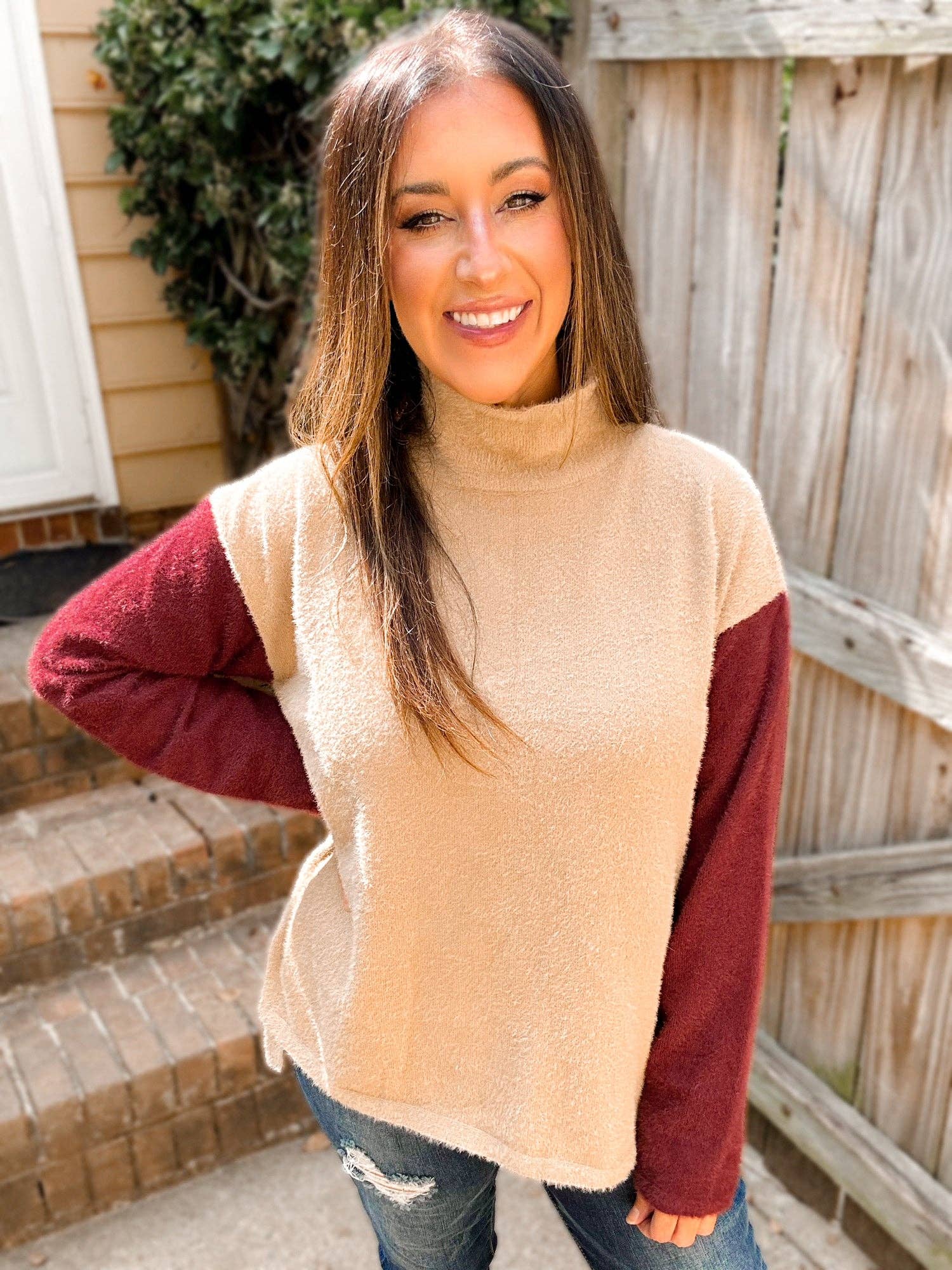 Plush Mockneck Sweater with High-Low Hem